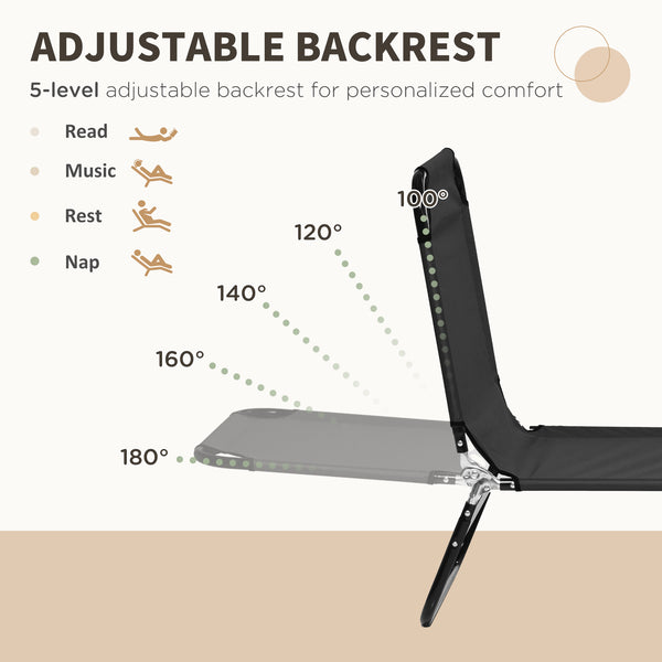 Set of 2 Folding Outdoor Lounge Chair, Sun Tanning Chairs with Reclining Back, Breathable Mesh for Beach Patio, Black