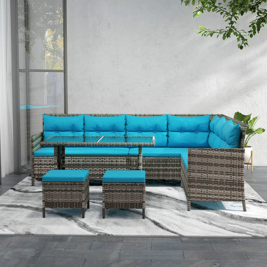 Outsunny 6 Piece Outdoor Rattan Sofa Set with Dining Table and Chairs Sky Blue