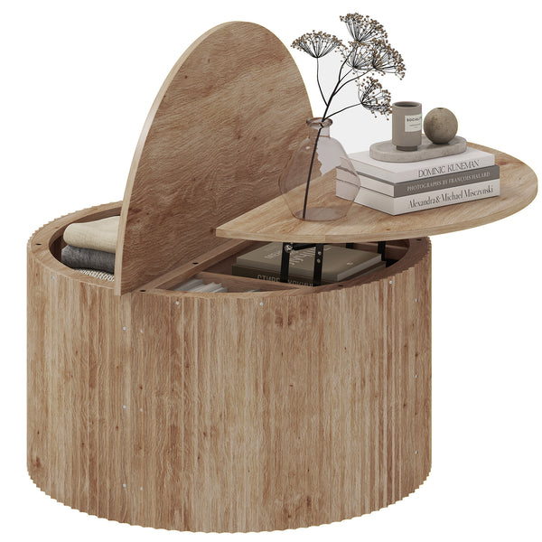 Table basse ronde relevable avec rangement caché effet bois naturel