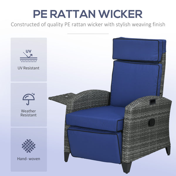 Outdoor Recliner Chair with Adjustable Backrest, Cushion, Side Tray, Dark Blue