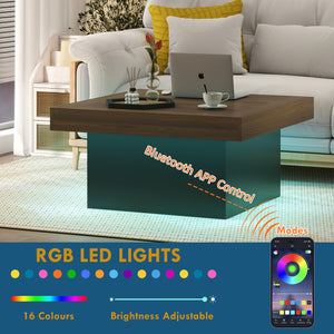 Square coffee table with 16-color LED lighting, walnut