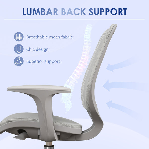Chaise de bureau avec dossier en maille, roulettes pivotantes de sécurité, accoudoirs, gris