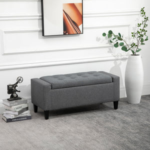 Banc ottoman de rangement capitonné en tissu toucher lin avec plateau rabattable, gris