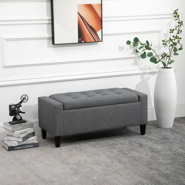 Banc ottoman de rangement capitonné en tissu toucher lin avec plateau rabattable, gris