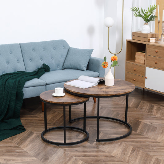 Lot de 2 tables basses rondes de 74 cm, tables d'appoint modernes pour salon avec base en métal, marron rustique