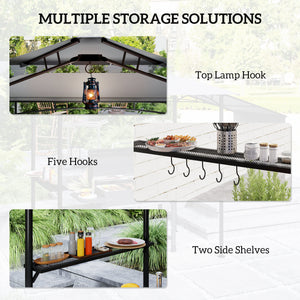 Outsunny 8' x 5' Grill Gazebo, Double Tiered Barbecue Grill Gazebo Shelter with Side Awning, 2 Side Shelves, 6 Hooks, Light Gray |