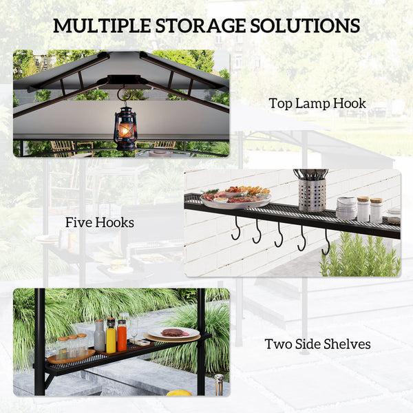 Outsunny 8' x 5' Grill Gazebo, Double Tiered Barbecue Grill Gazebo Shelter with Side Awning, 2 Side Shelves, 6 Hooks, Light Gray |