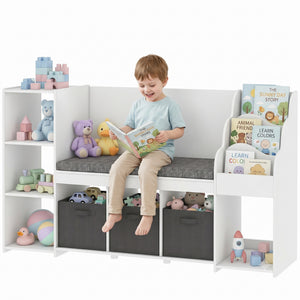 Étagère de rangement avec coin lecture avec coussin d'assise, 3 tiroirs en tissu, blanc