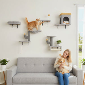 Mur d'escalade pour chats avec griffoirs, niche, hamac et perchoirs, gris clair