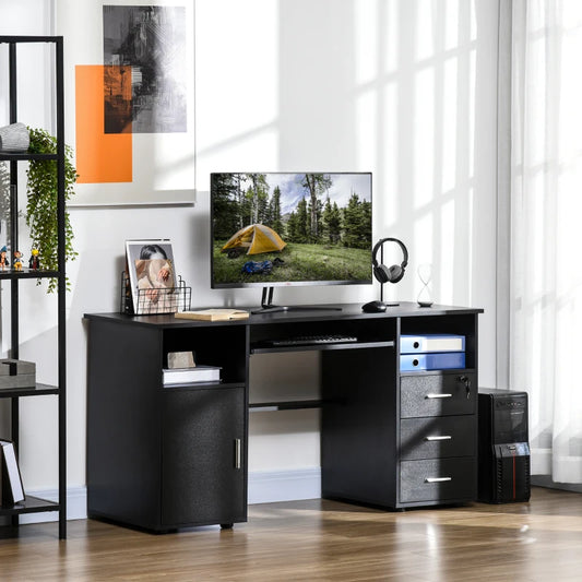 Bureau d'ordinateur avec tiroirs, plateau pour clavier, étagères ouvertes et tiroir verrouillable, noir