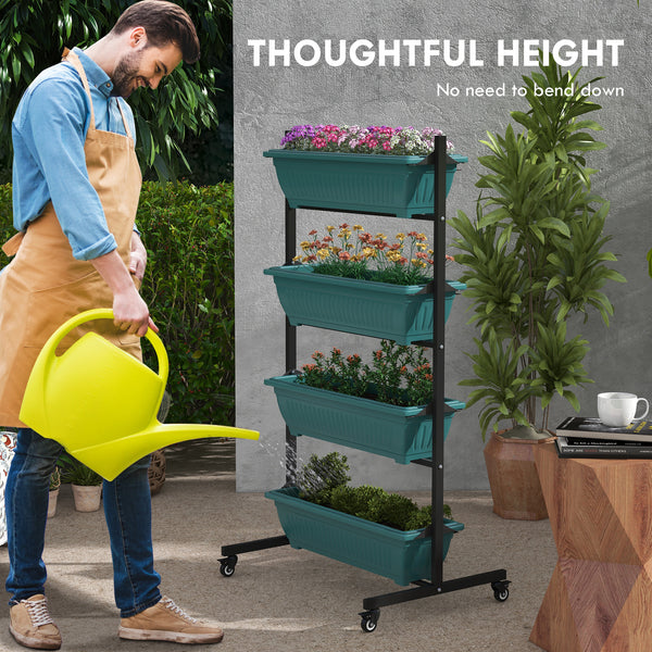 Jardinière surélevée verticale à 4 niveaux avec 4 bacs, roulettes et support pour plantes d'extérieur, vert