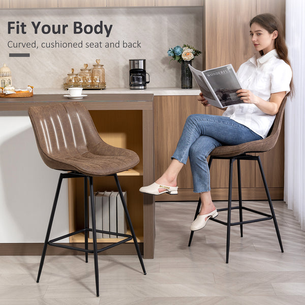 Set of 2 counter-height bar stools, upholstered in PU leather, with backrest, footrest and steel legs, brown