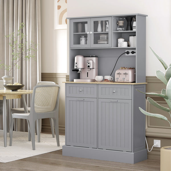 Armoire de rangement de cuisine avec prises électriques, 2 tiroirs et compartiments basculants – Gris et bois naturel