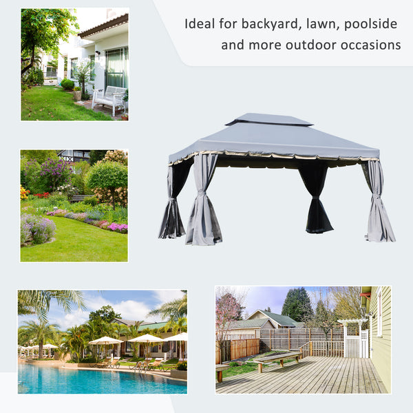 13' x 10' Patio Gazebo Canopy with 2-Tier Polyester Roof, Vented Mesh Sidewall &amp; Strong Aluminum Frame, Gray