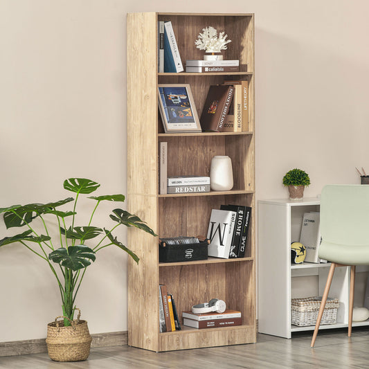 5-Tier Bookcase with Adjustable Shelves for Living Room, Office, Natural Wood