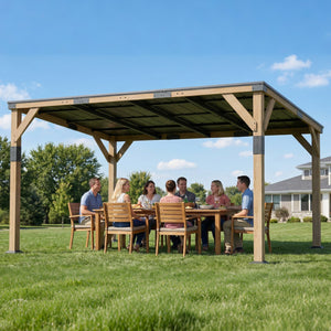 Pergola 14' x 10' en acier galvanisé avec toit rigide et structure en bois, auvent de terrasse, gris foncé