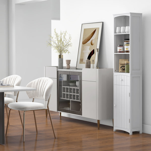 Tall white wooden bathroom storage cabinet