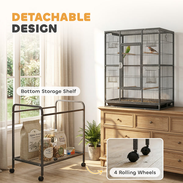 56"H Bird Cage, Parrot Cage with Detachable Rolling Stand, Removable Tray, Storage Shelf, Perches, Food Container