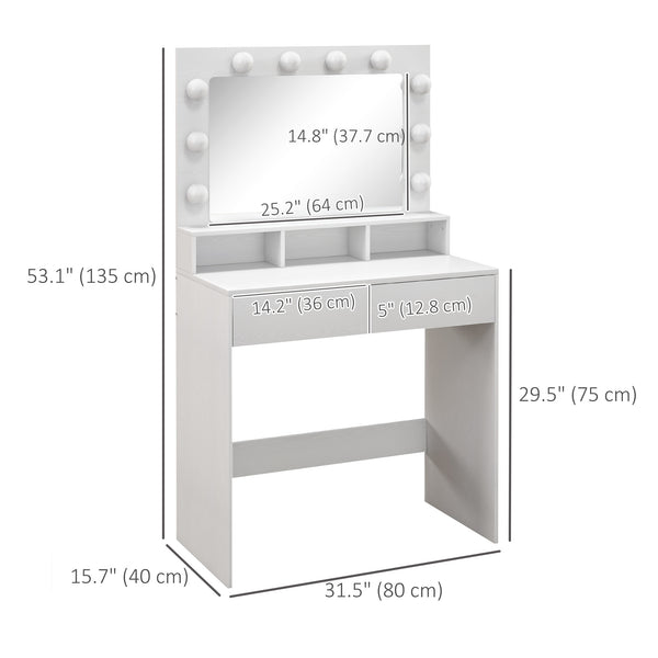 Coiffeuse avec miroir à éclairage LED et tiroirs, blanche