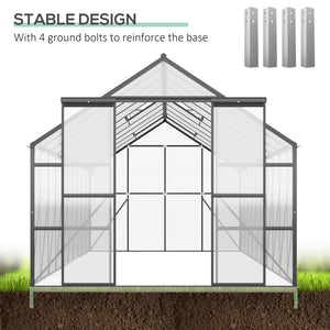 Greenhouse with adjustable roof ventilation, gutter and sliding door