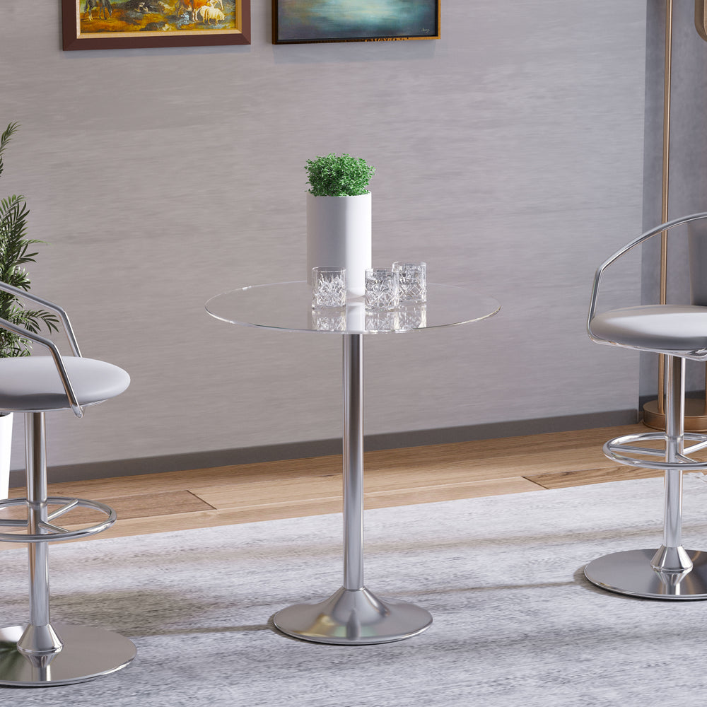 Round dining table with tempered glass top, galvanized metal base, silver