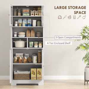 Garde-manger de cuisine avec portes vitrées, étagères réglables, compartiments ouverts, blanc