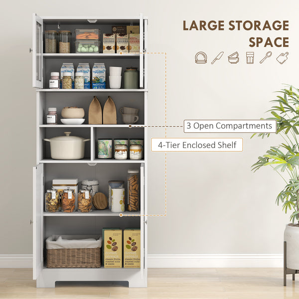 Garde-manger de cuisine avec portes vitrées, étagères réglables, compartiments ouverts, blanc