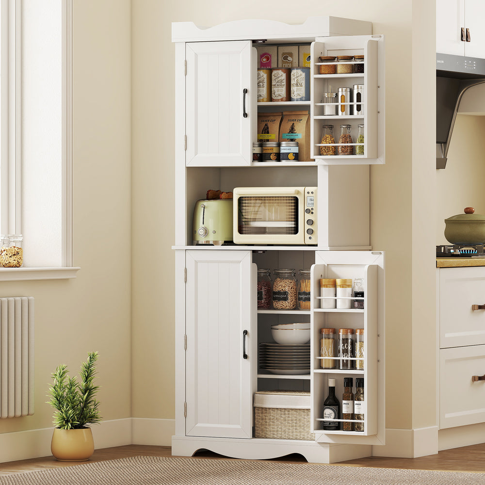 Meuble de rangement avec 12 étagères de porte et support pour micro-ondes, blanc