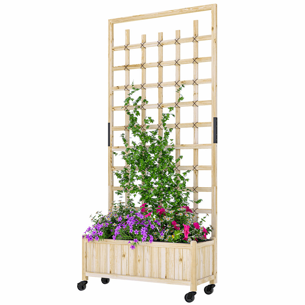 Wooden planter with trellis on wheels
