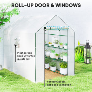 Three-tier garden greenhouse with roll-up door and screened windows