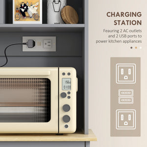 Armoire de rangement de cuisine avec prises électriques, 2 tiroirs et compartiments basculants – Gris et bois naturel