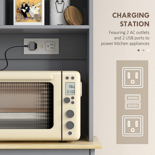 Armoire de rangement de cuisine avec prises électriques, 2 tiroirs et compartiments basculants – Gris et bois naturel