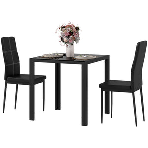 Ensemble de tables et chaises en verre avec structure en métal et revêtement en similicuir pour salle à manger, noir