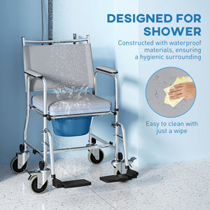 Chaise de douche 4 en 1 sur roulettes avec siège rembourré et seau – Gris