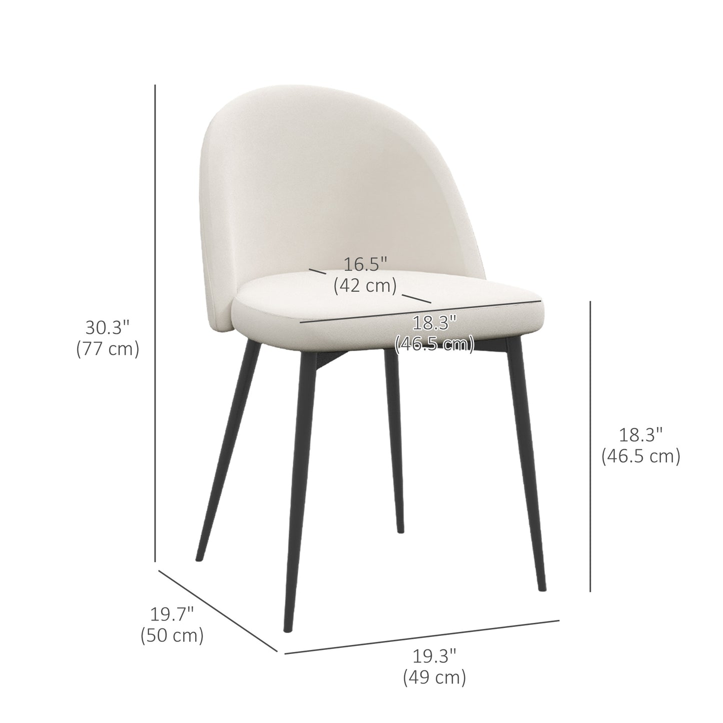 Lot de 2 chaises de salle à manger rembourrée en velours pour salon et salle à manger, blanc crème