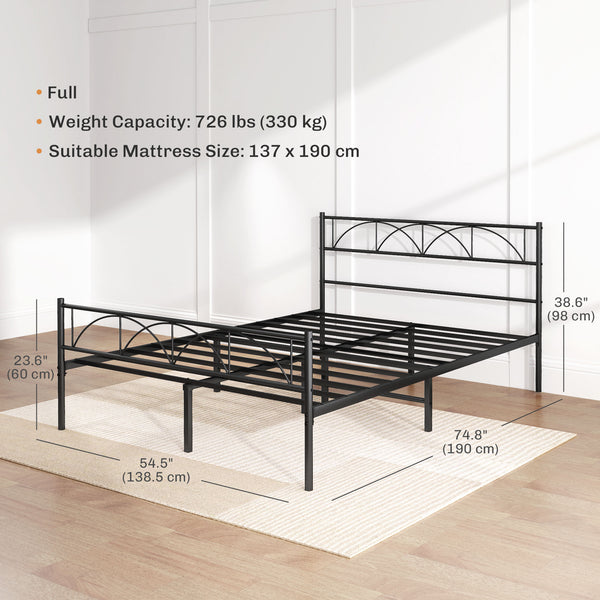 Metal platform bed frame with headboard, steel slatted base, Double