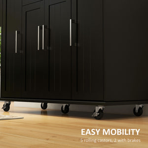 Desserte de cuisine moderne à roulettes avec tiroirs, plateau en bois naturel, porte-serviettes, armoire de rangement à porte, noir