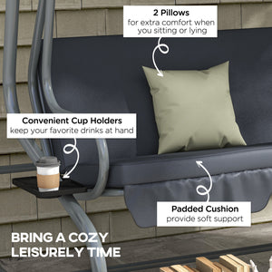 3-Seat Outdoor Patio Swing Canopy Chair, Converting Flat Bed with Adjustable Shade, Cushions, Cup Holder, Dark Grey