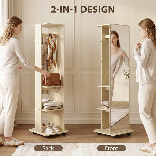 Miroir sur pied en verre trempé, monté sur roulettes, avec étagères de rangement et patères, en bois naturel.