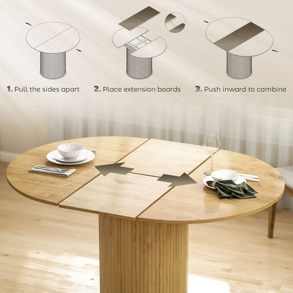 Table de cuisine extensible pour 6 à 8 personnes de style campagnard avec base sur pied, finition bois naturel