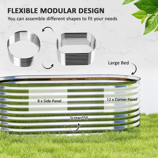 Jardinière ovale surélevée galvanisée avec bordure de sécurité et gants inclus, couleur argent.