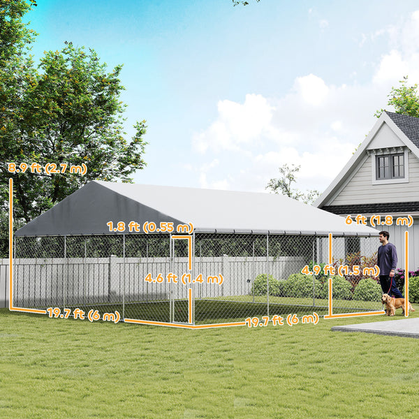 Heavy Duty Outdoor Dog Kennel with Waterproof Roof, Secure Latch, Chain Link Dog Run for Backyard, 19.7' x 19.7' x 8.9'