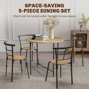 5-piece dining set, space-saving round table for 4 people with metal frame, natural color
