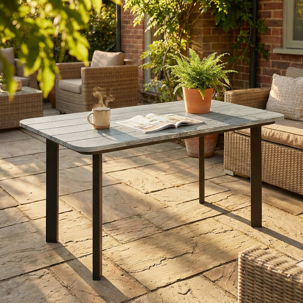 Slat-top wood-plastic composite patio coffee table with steel frame, grey