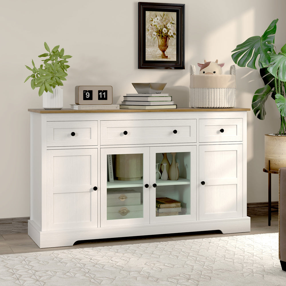 Buffet avec portes vitrées et étagères réglables, blanc vieilli