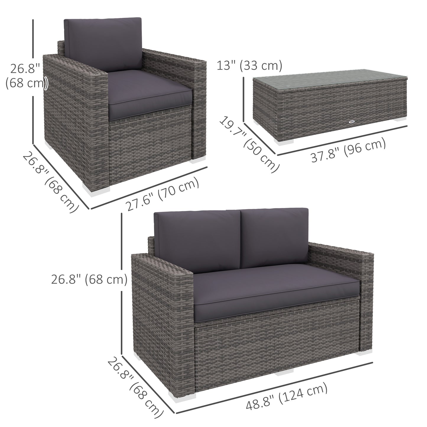 Outdoor furniture set with table, wicker furniture, loveseat and 2 chairs, gray