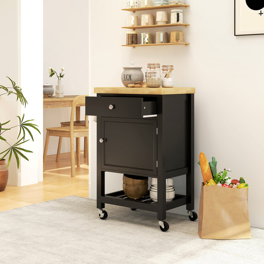 HOMCOM Kitchen Island on Wheels, Rolling Kitchen Cart with Wooden Top, Towel Rack, Drawer and Shelf for Dining Room, Black