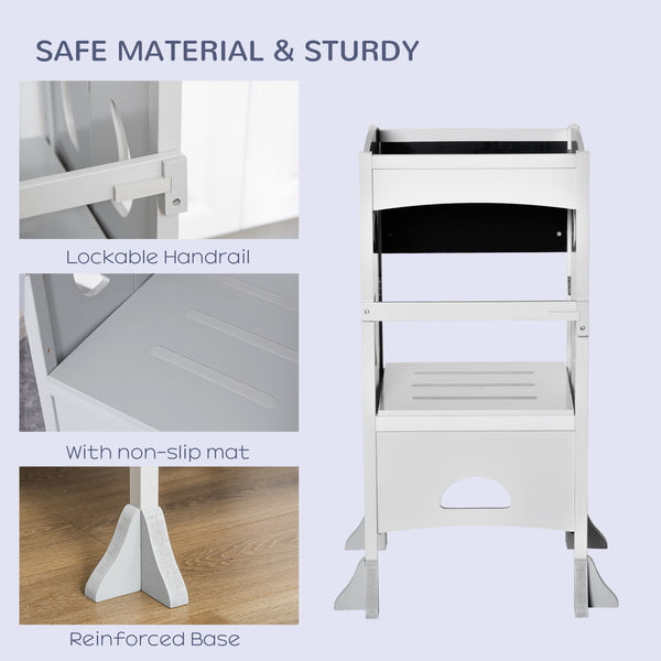 Tabouret de cuisine pliable pour tout-petits avec tableau noir et rampe verrouillable, Gris