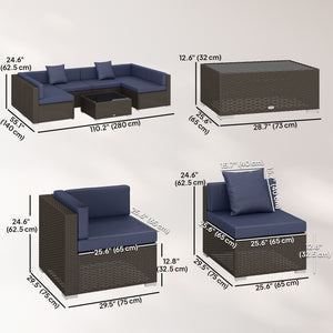 Ensemble de jardin 7 pièces en résine tressée avec table basse, canapé d'angle en rotin, bleu marine