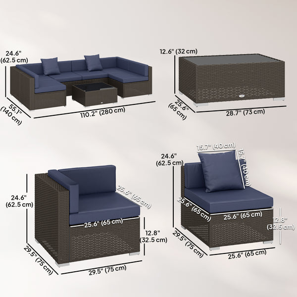 Ensemble de jardin 7 pièces en résine tressée avec table basse, canapé d'angle en rotin, bleu marine